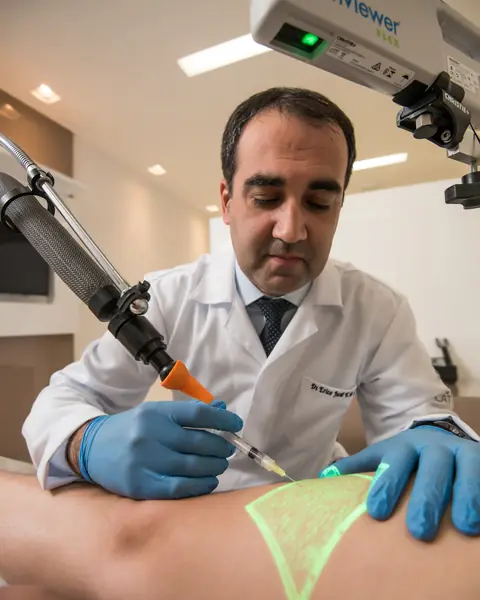 Dr. Erico Lopes fazendo tratamento de varizes a laser, com o aparelho que mostra as veias na pele